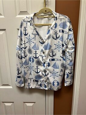 Nautical Print Women’s Button-Up Jacket - White & Navy